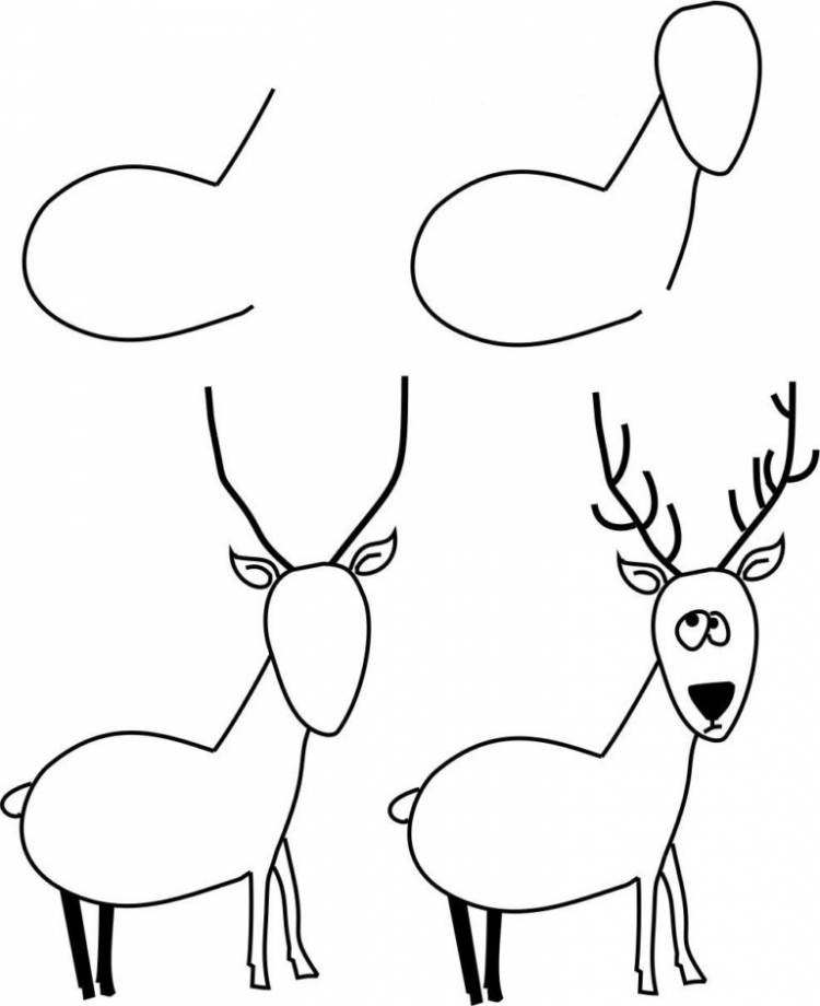 Поэтапная срисовка мультяшный олень с косыми глазками