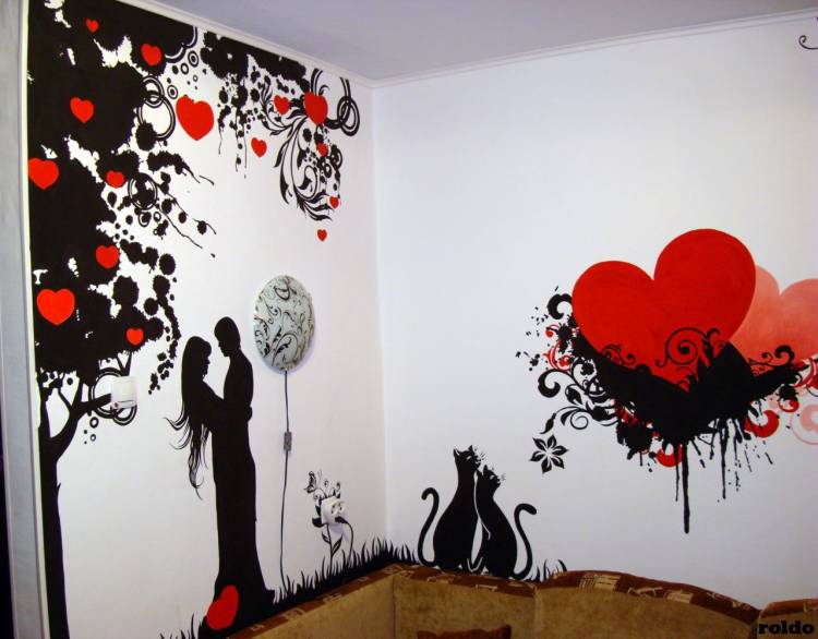 Рисунки на стенах с помощью трафарета в комнате 
