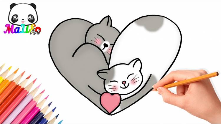Как нарисовать котиков в виде сердечка