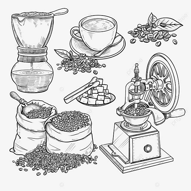 черная рука нарисованные кофе связанные Lineart PNG , горшок клипарт, Ручной росписью, кофейное зерно PNG картинки и пнг PSD рисунок для бесплатной загрузки