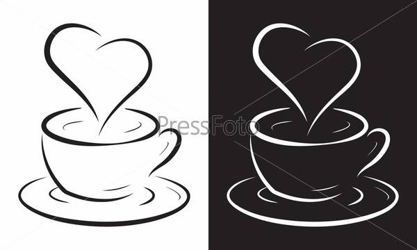 Фотография на тему Две чашки кофе с символом сердца, изолированные на черно-белом фоне