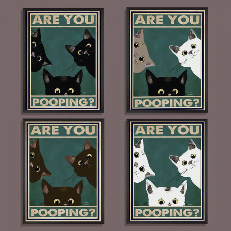 Забавный постер с надписями на холсте в ванную комнату, милые черные, белые Коты, художественные рисунки с цитатами для рисования, Настенная картина, декор для туалета