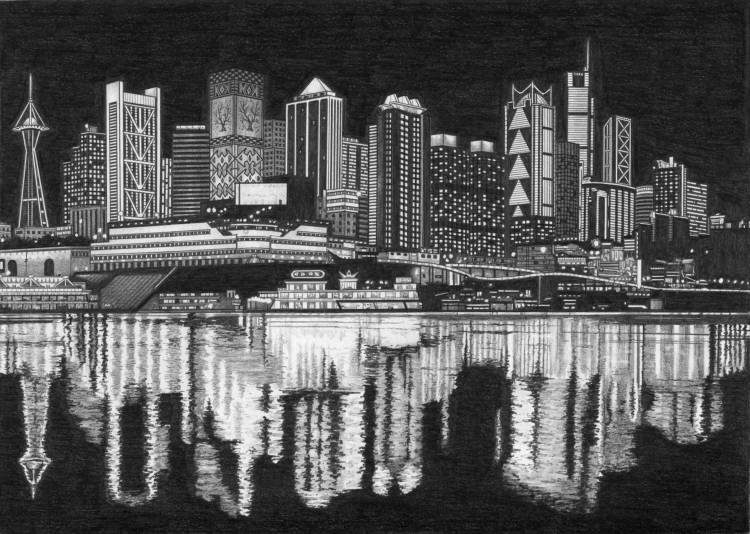 Город ночной рисунок карандашом