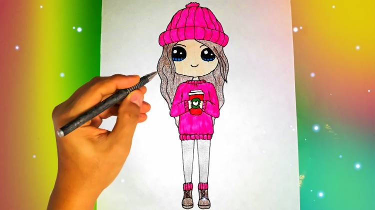 Как нарисовать девочку в розовой шапке и свитере