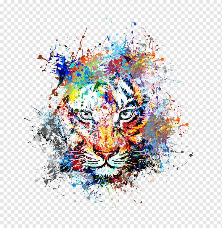 разноцветная голова тигра живопись, тигр абстракционизм рисунок живопись, тигр, нарисованный, животные, симметрия png