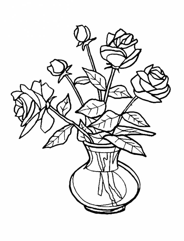 Розы в вазе рисунок раскраска 