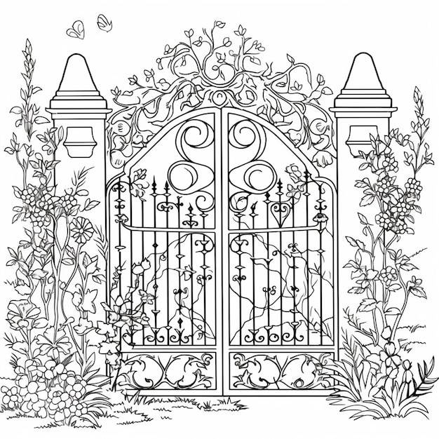 Черно-белый рисунок ворот с узором из виноградной лозы