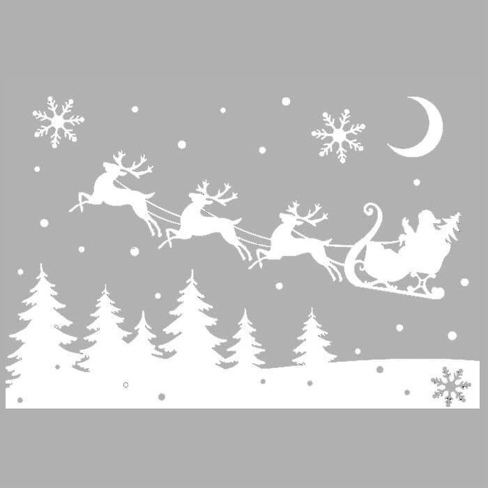 Трафарет Дед Мороз на санях с упряжкой оленей