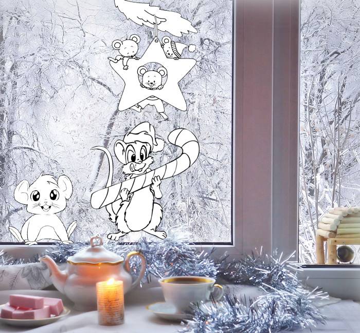 Трафареты крысы на Новый год на окно (более