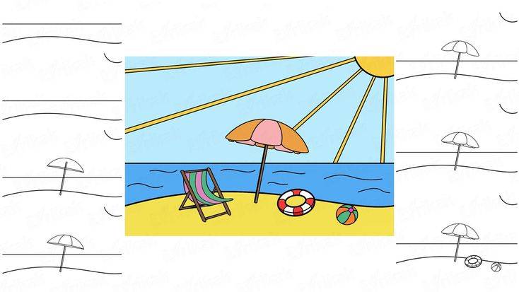 Как нарисовать пляж с морем, зонтиком и лежаком поэтапно карандашом