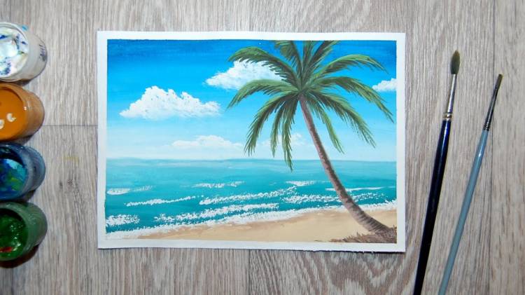 Как нарисовать пальму и море гуашью