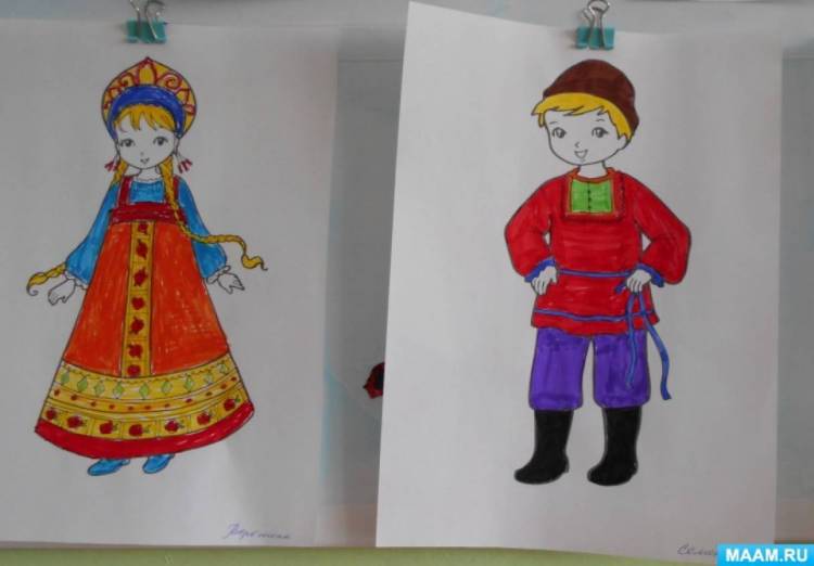Выставка детских работ по рисованию «Русский народный костюм» в подготовительной группе 