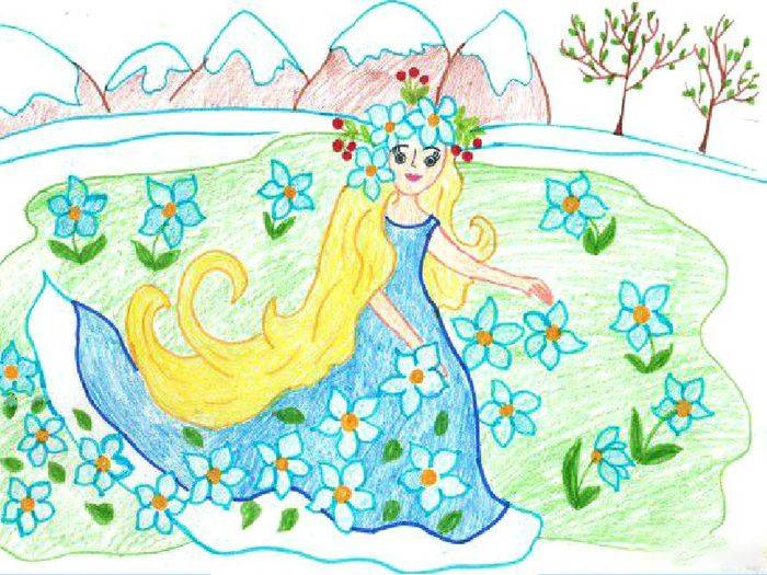 Нарисованные картинки девушки весны для детского сада и в школу