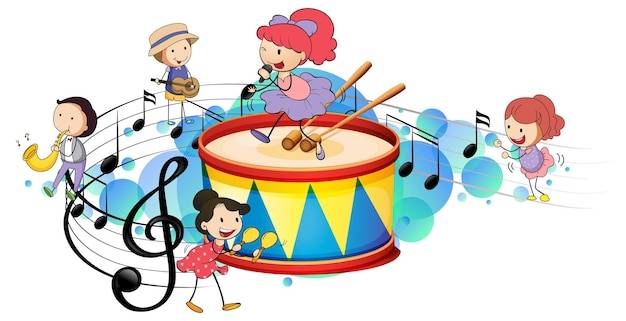 Малый барабан с множеством счастливых детей и символами мелодии на синем пятне