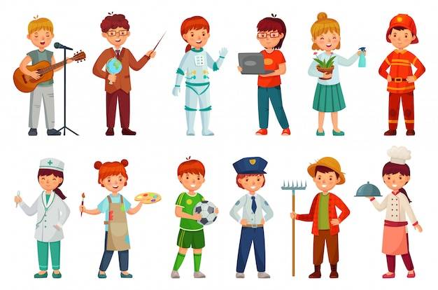 Детская профессиональная форма, полицейский ребенок и детские профессии мультфильм векторный набор