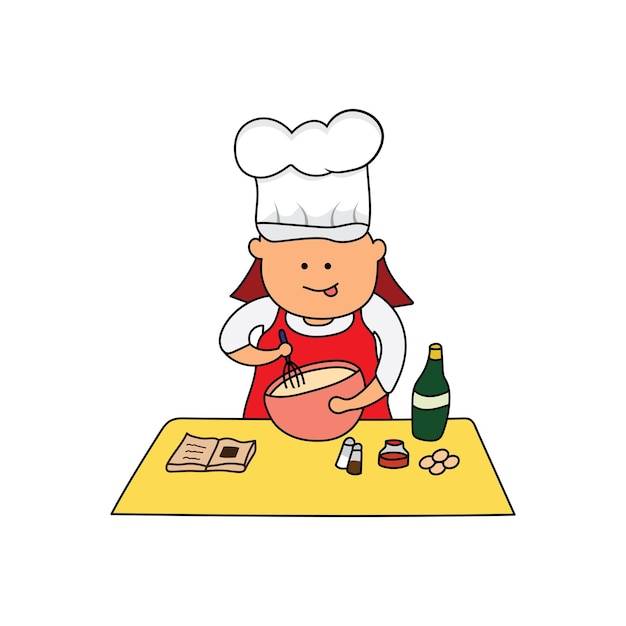 Детский рисунок векторная иллюстрация шеф-повара делает вкусное тесто для приготовления пищи