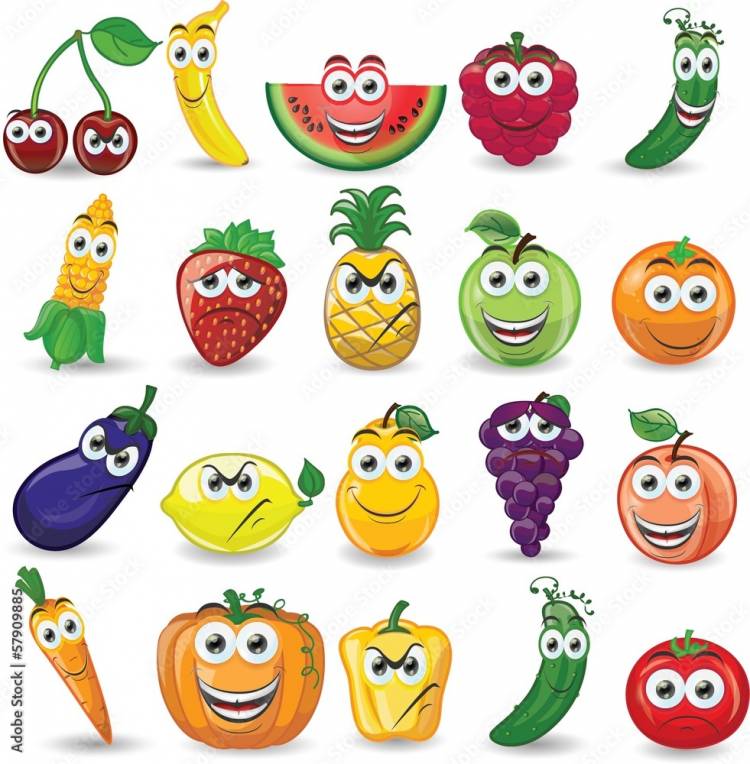 Мультяшные фрукты и овощи с разными эмоциями Иллюстрация Stock