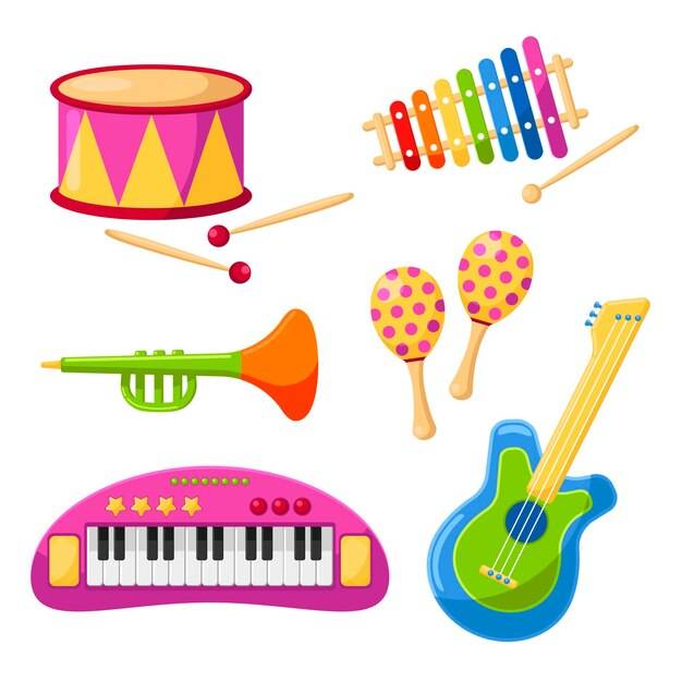 Симпатичные музыкальные инструменты для детей набор векторных иллюстраций