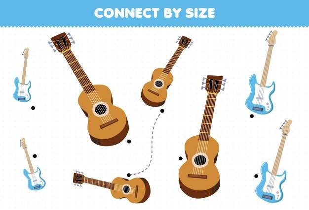 Образовательная игра для детей, соединяющая размер мультяшного музыкального инструмента, гитары и баса, лист для печати