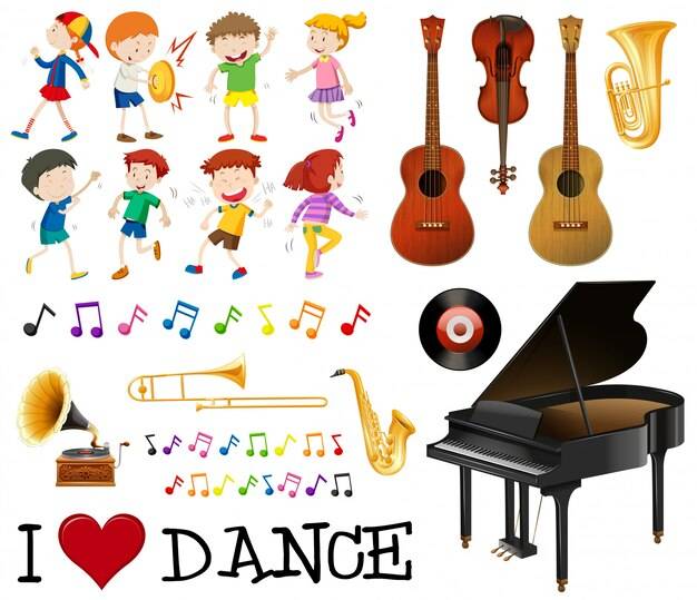 Пакет музыкальных инструментов с детьми, поющими, танцующими