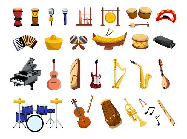 Векторные иллюстрации коллекция музыкальных инструментов