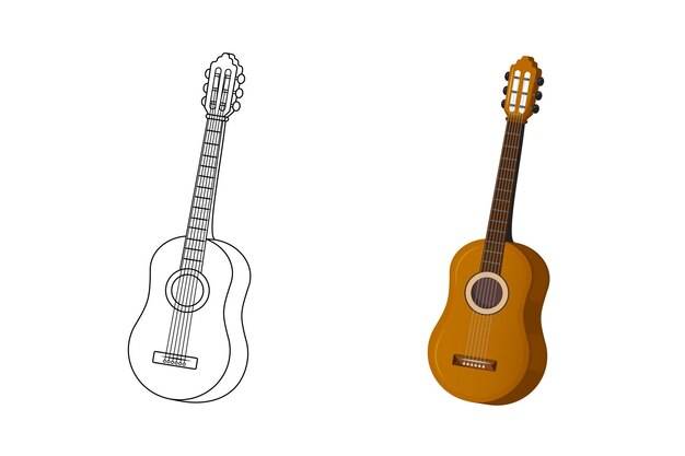 Страница раскраски для детей классический музыкальный инструмент гитара черно-белая иллюстрация