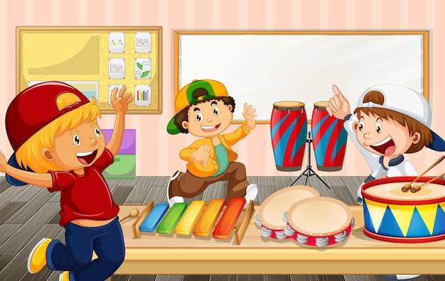 Дети в классе с различными музыкальными инструментами