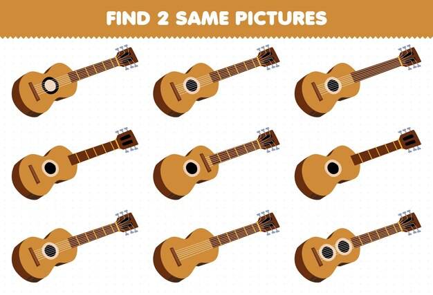 Образовательная игра для детей найти две одинаковые картинки мультфильм музыкальный инструмент гитара лист для печати