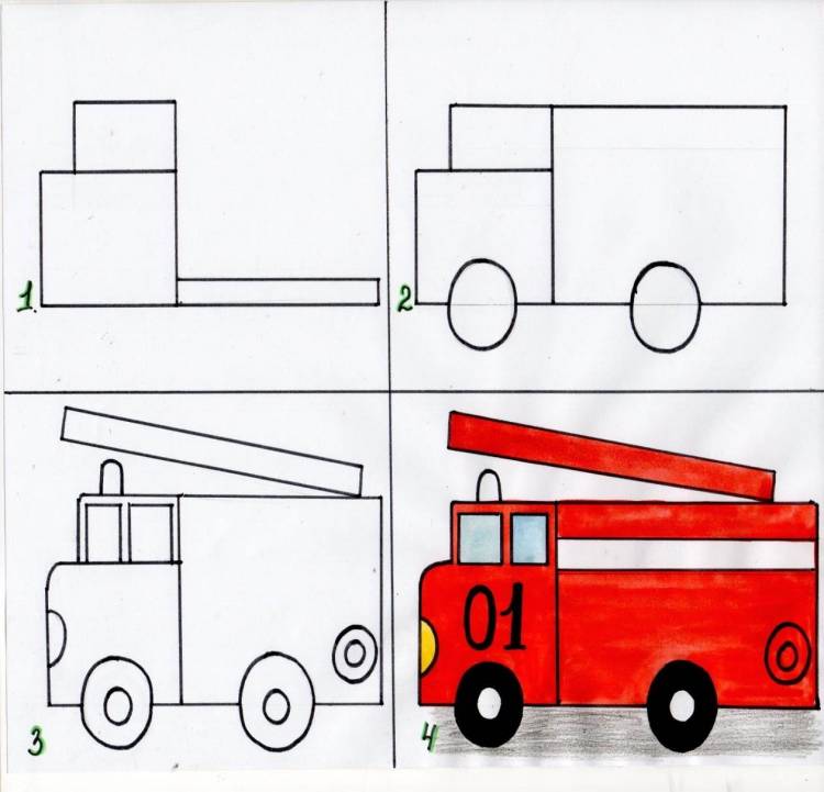 Как нарисовать пожарную машину для детей