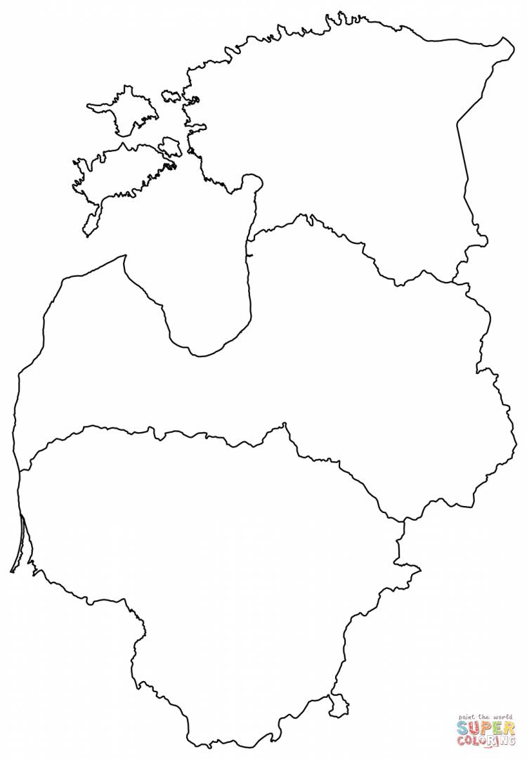 Раскраска Контурная карта стран Балтии со странами