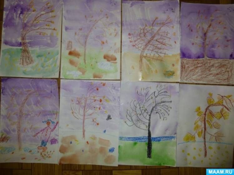 Фотоотчет о занятии по рисованию «Осеннее дерево под ветром дождем» 
