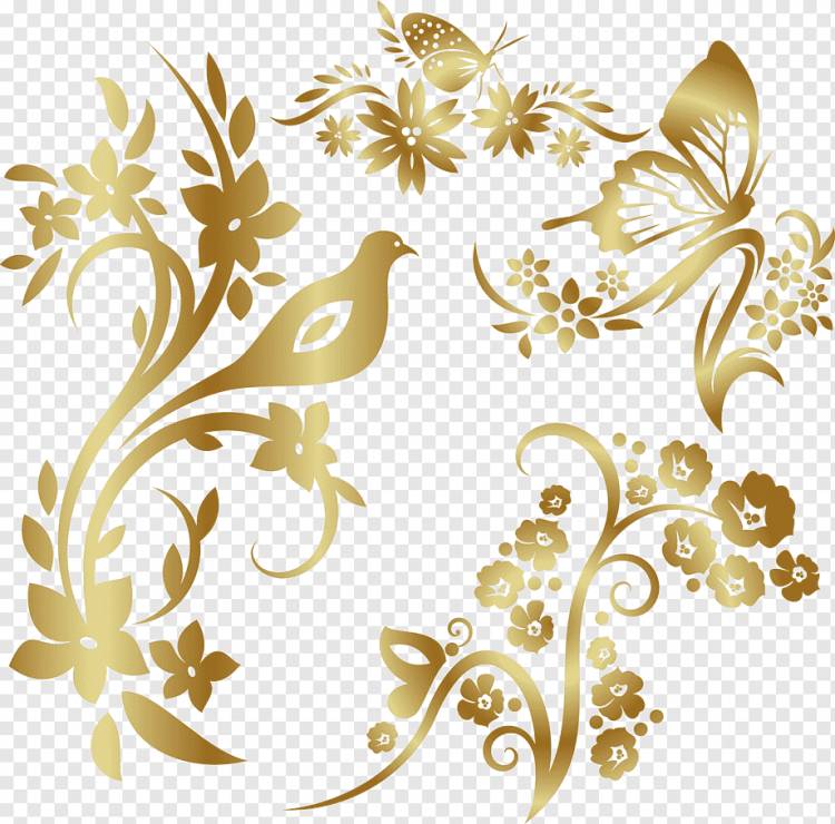 Орнамент с птицей, золотой узор, животные, лист, декор png