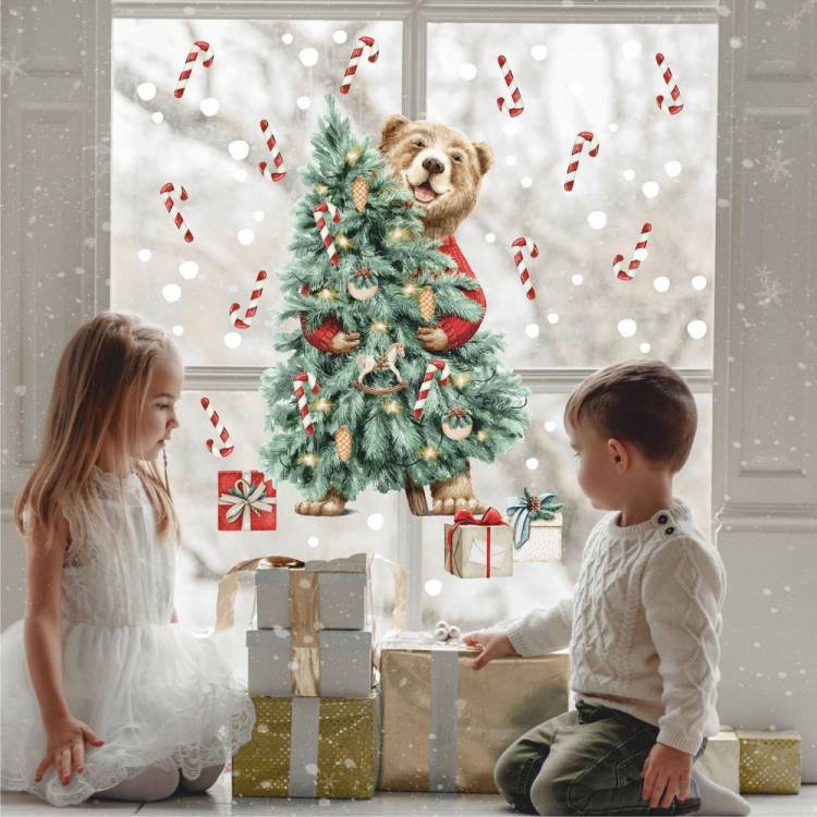 Наклейки на окна новогодние Медведь и елка декоративные цветные , новогодние украшения для дома по выгодной цене в интернет-магазине OZON 