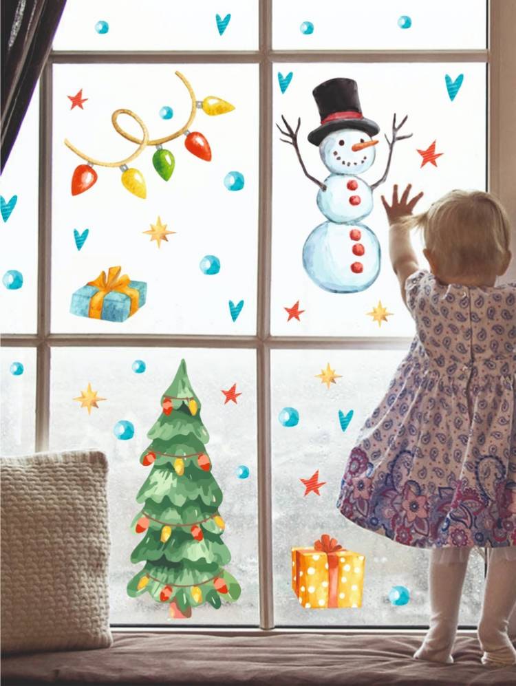 Новогодние наклейки на окно Снеговик и елка для украшения на Новый год по выгодной цене в интернет-магазине OZON 