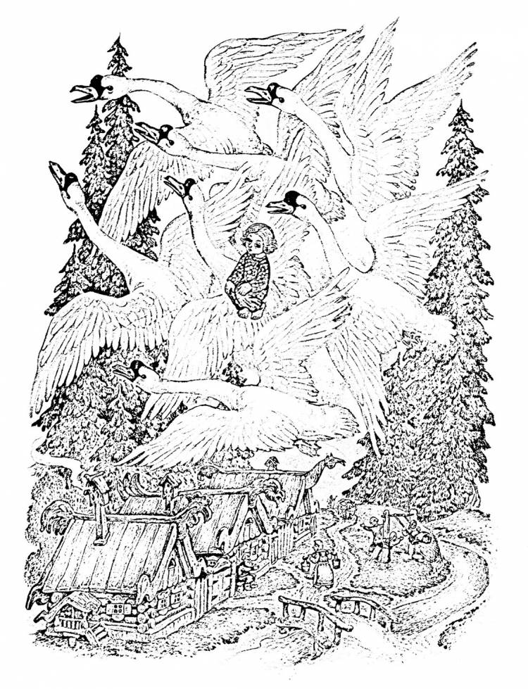 Раскраска по сказке «Гуси-лебеди»