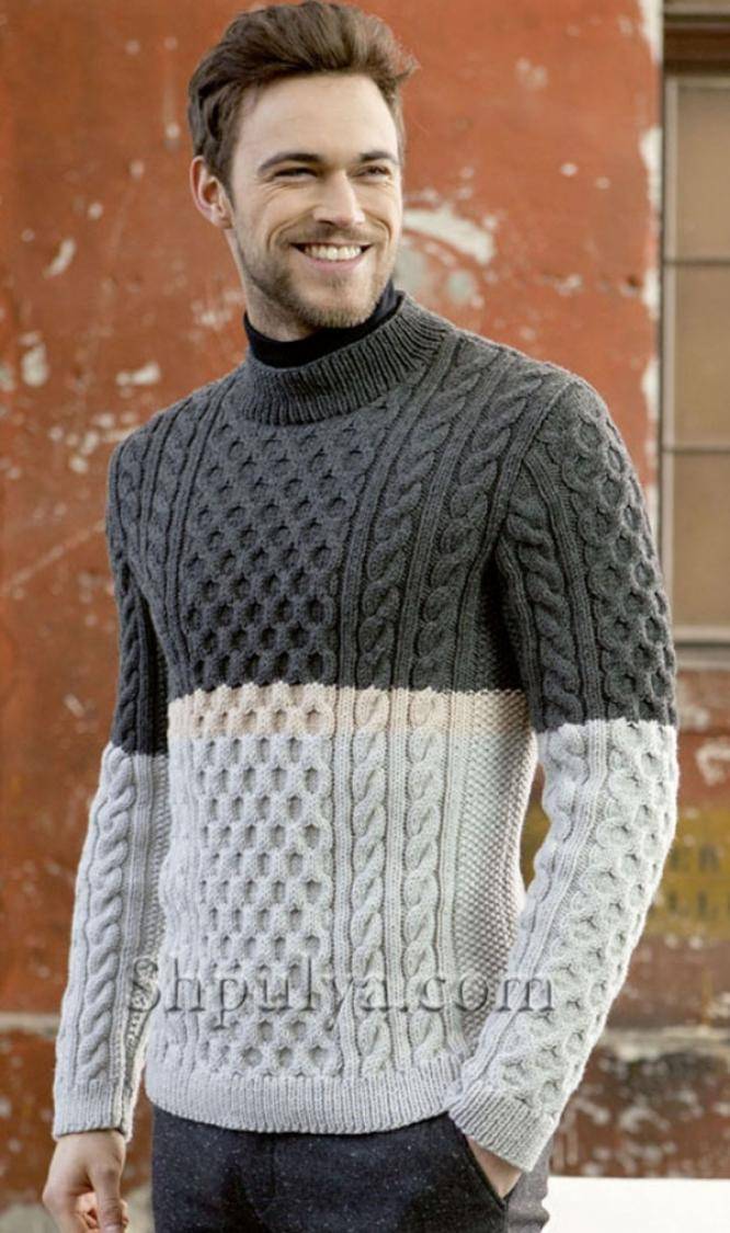 Серый мужской свитер с аранами