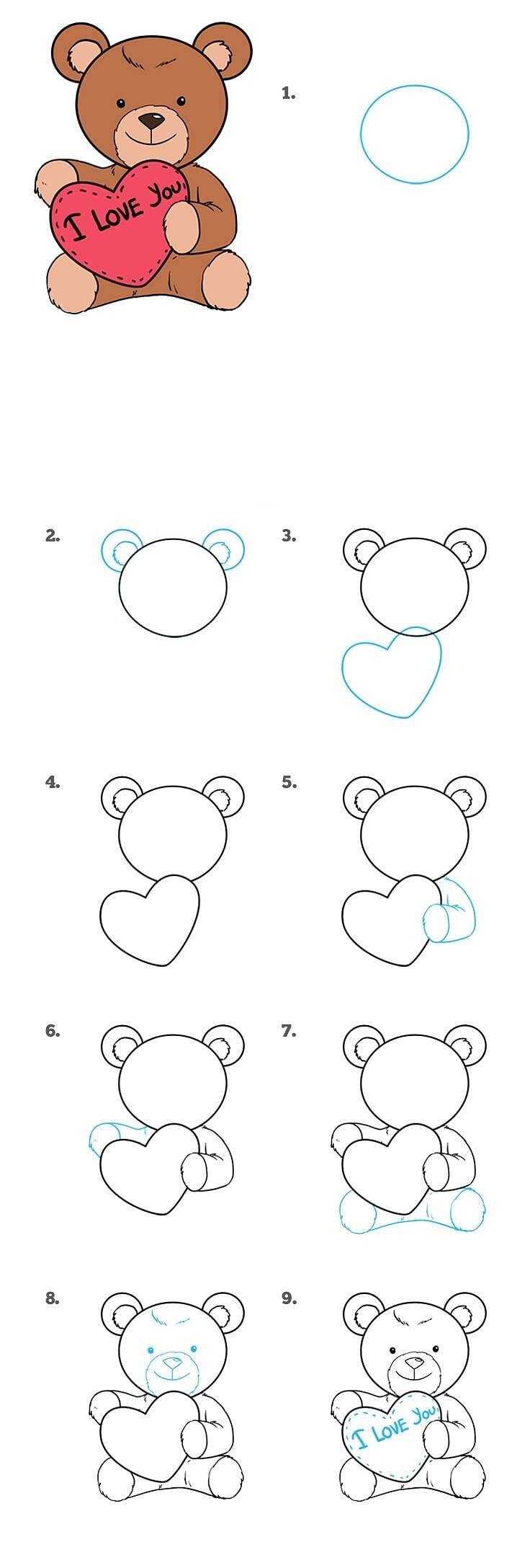 Как нарисовать плюшевого мишку с сердцем в руках поэтапно