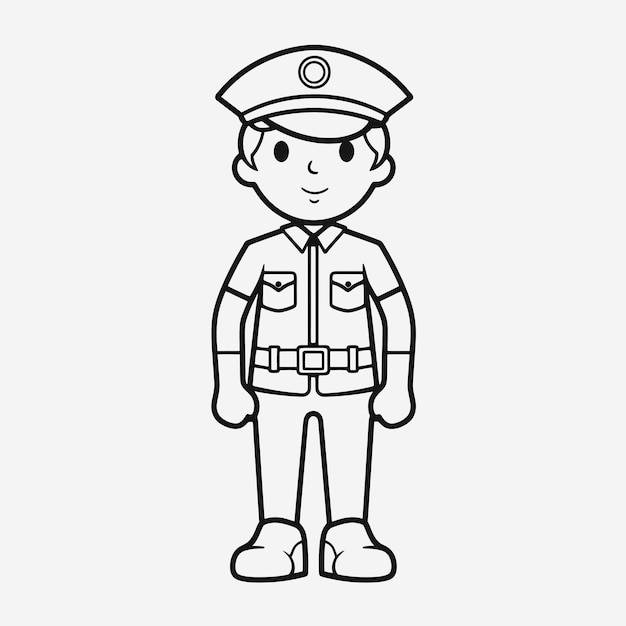 Черно-белая раскраска плоская векторная иллюстрация милого полицейского для детей