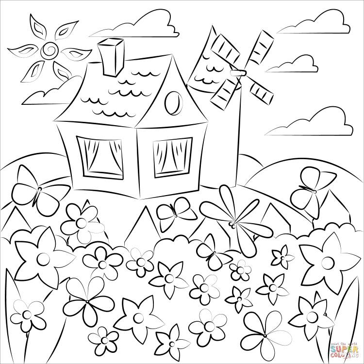 Раскраска Весенние цветы бабочки и загородный дом