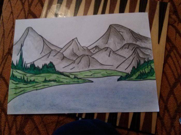 Как нарисовать озера возле гор карандашом поэтапно
