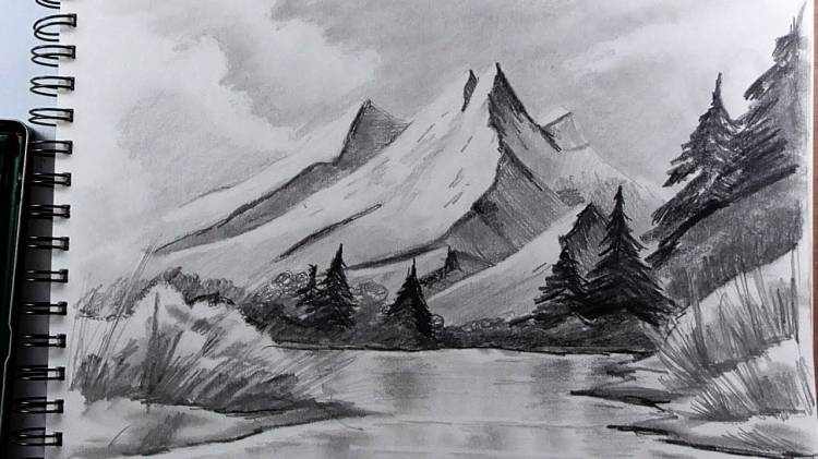 Как нарисовать горы у озера карандашом
