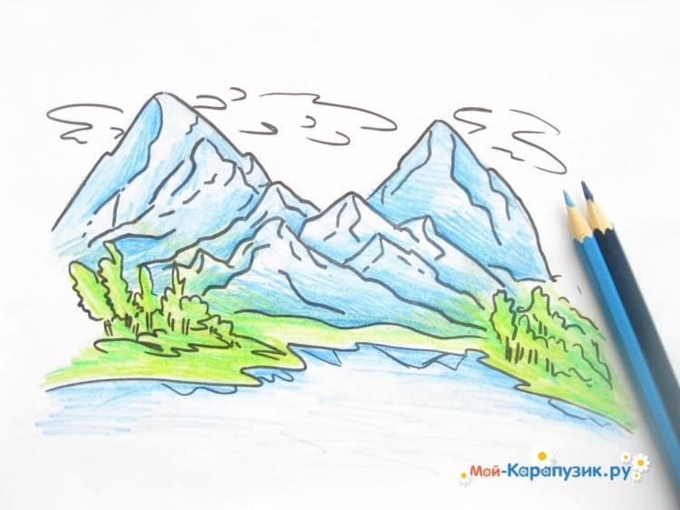 Как нарисовать горы карандашами поэтапно