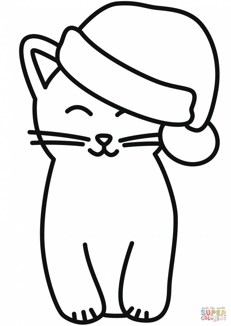 Раскраска Котик в шапке Санты