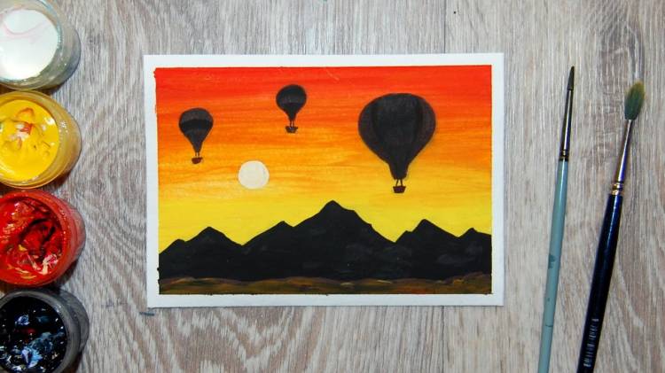 Как нарисовать закат, горы и воздушные шары гуашью