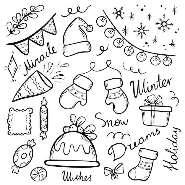 Ручной набор зимних рождественских рисунков векторные простые новогодние иллюстрации набор новогодних праздников