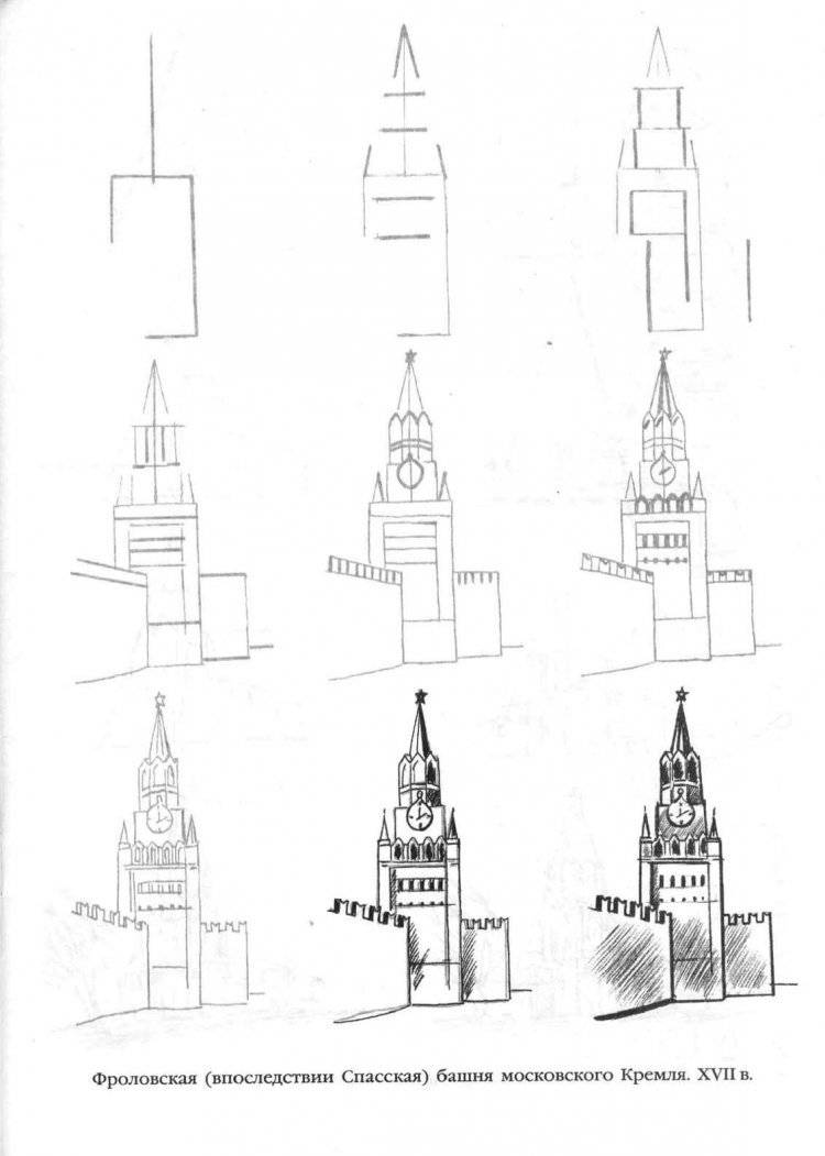 Кремль рисунок карандашом поэтапно