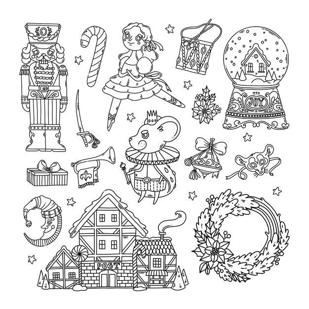 Раскраска щелкунчик, артист балета, мышиный король, снежный шар и рождественский домик черный контур