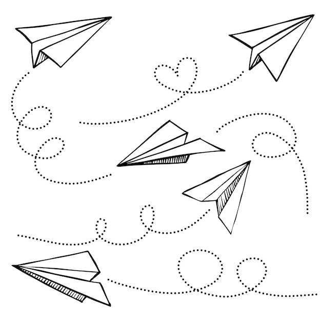 Набор значка самолетик бумаги каракули