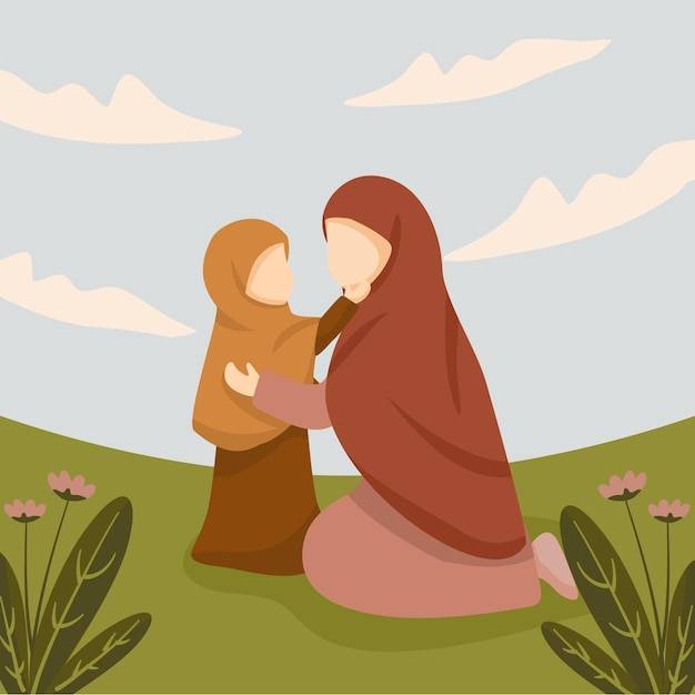 Исламское воспитание мама и дочь плоский вектор