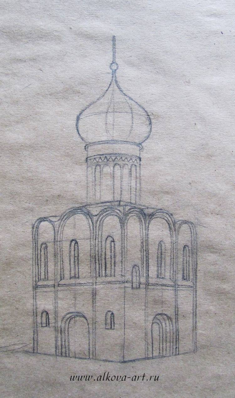 Поэтапное рисование храма на нерли